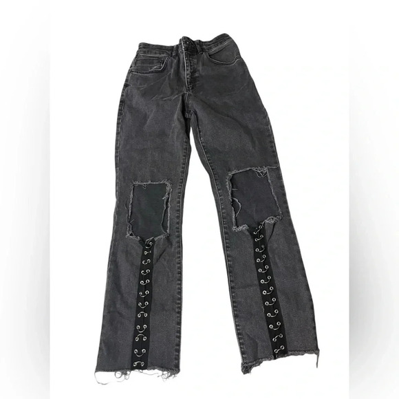 The Ragged Priest Denim - The Ragged Priest Jeans Faded Black High Rise Crop Straight Metal Rings Size 26